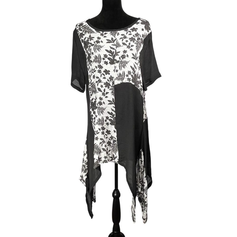 Black White Fairycore Dress Floral Patchwork Asymmetrical Gauze Short Sleeve